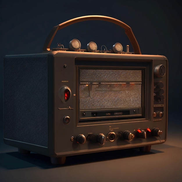 Rendering 3D d'une vieille radio dans une pièce sombre avec des lumières