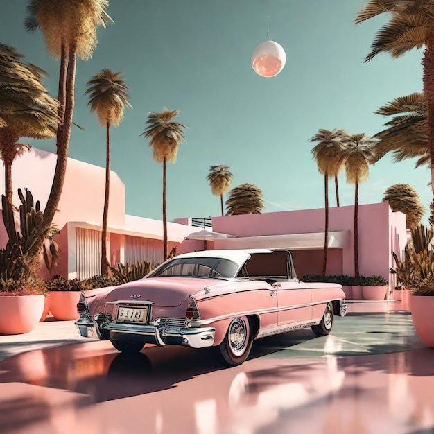 Rendering 3D d'une voiture rétro rose