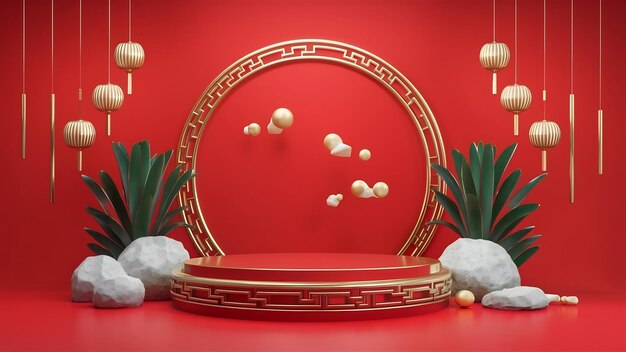 Rendering 4D d'une plate-forme de fond rouge avec des décorations de style chinois