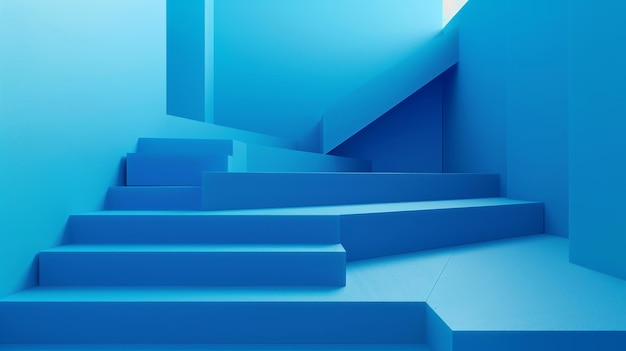 Rendering abstrait 3D avec un escalier bleu Fond d'été bleu avec des marches géométriques 3D