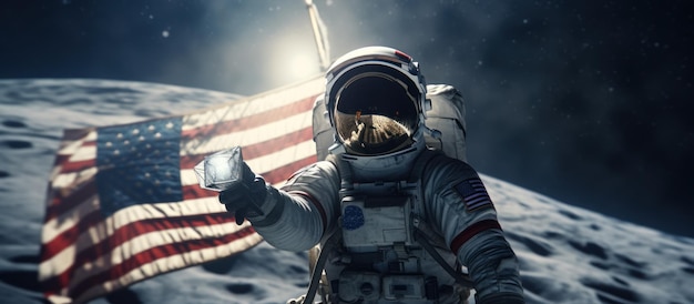 Rendering d'un astronaute tenant le drapeau américain dans l'espace de fond généré par l'IA
