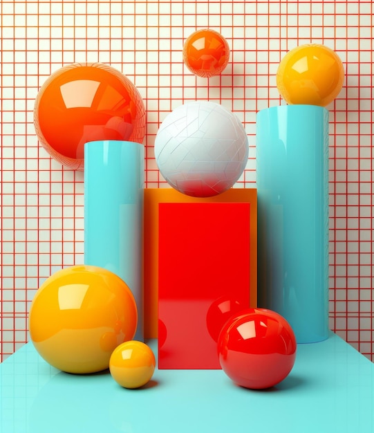 Photo rendering en b3d de boules et de cylindres colorés sur un fond de grille