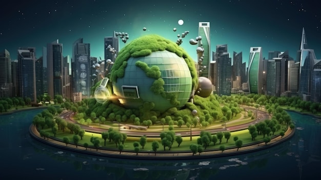 Rendering de globe 3D avec un concept durable écologique de ville verte Générer de l'intelligence artificielle