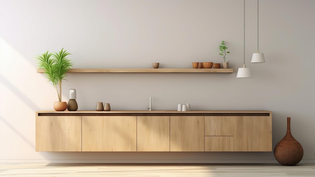 Photo rendering intérieur 3d d'une étagère en bois intégrée et d'une armoire de stockage en bois dans la salle à manger
