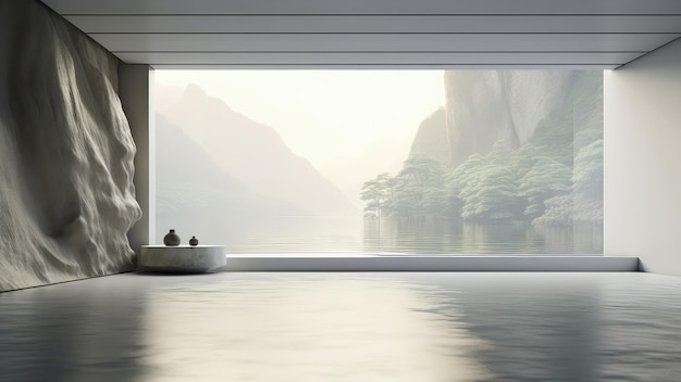Rendering intérieur 3D d'une salle de bain avec une grande fenêtre donnant sur une vue naturelle