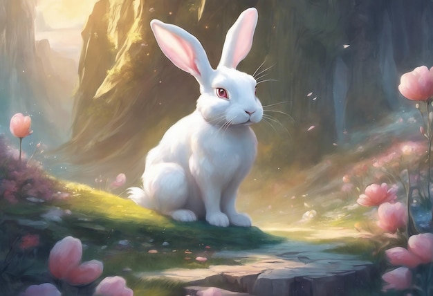 Photo rendering d'un monde fantastique de dessins animés avec un mignon lapin blanc pour le jour de pâques