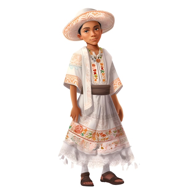 Rendering numérique 3D d'une fille mexicaine en vêtements traditionnels isolée sur fond blanc