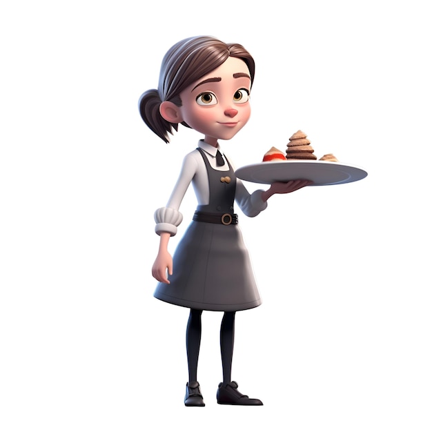 Rendering numérique 3D d'une jeune serveuse avec un gâteau isolé sur fond blanc