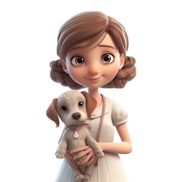 Rendering numérique 3D d'une petite fille mignonne avec un chiot isolé sur fond blanc