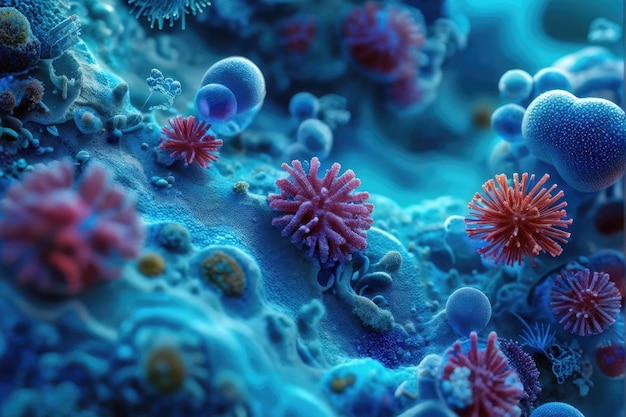 Photo rendering numérique de bactéries vertes avec des flagelles rouges sur un fond bleu foncé