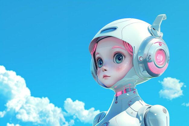 Rendering d'un personnage robotique à yeux larges avec un casque contre un ciel bleu vif et des nuages