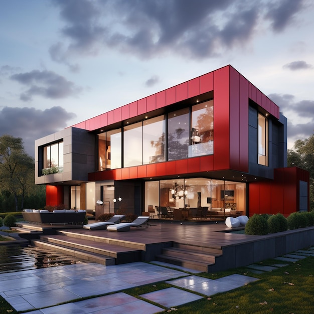 Rendering photo réaliste d'une maison rouge haut de gamme très moderne
