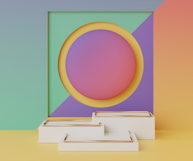 Renderisation d'une scène de podium vide minimale avec des formes géométriques pour la présentation de produits