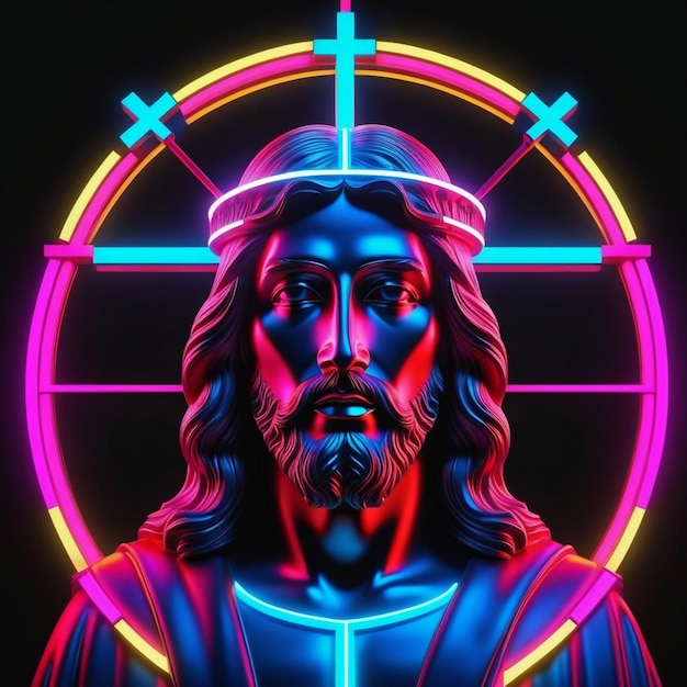 Photo rendez-vous 3d de jésus sur une croix au néon