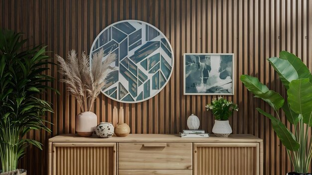 Photo rendez-vous 3d d'une maquette de mur en bois avec des plantes ornementales et un élément de décoration sur l'armoire