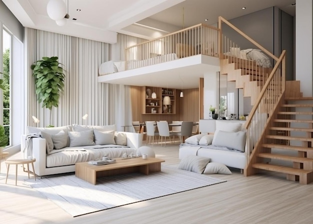 Rendez-vous 3D moderne en bois blanc dans le salon près de la chambre à coucher à l'étage