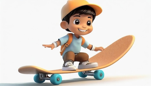 Rendez-vous 3D d'un petit garçon faisant du skateboard sur fond blanc