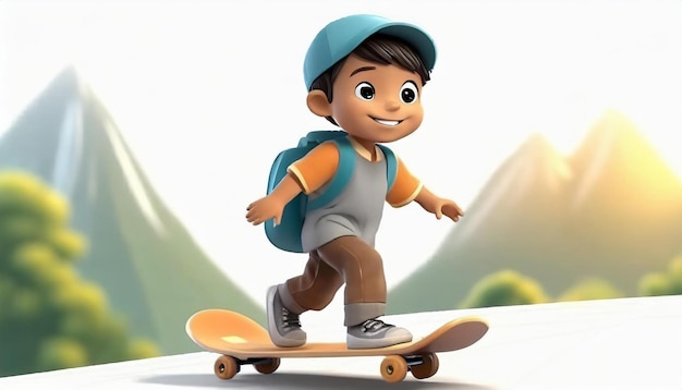 Rendez-vous 3D d'un petit garçon faisant du skateboard sur fond blanc