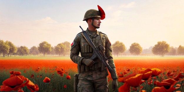 Rendez-vous 3D d'un soldat saluant dans un champ de coquelicots