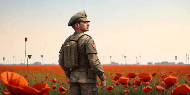 Rendez-vous 3D d'un soldat saluant dans un champ de coquelicots