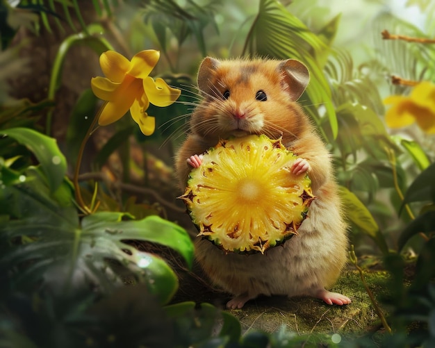 Rendez-vous artistique d'un hamster tenant une tranche d'ananas comme un bouclier thème aventureux fond de jungle luxuriante