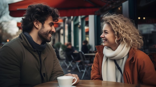 Un rendez-vous au café pour un jeune couple dans un cadre extérieur charmant