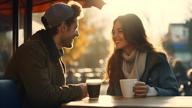 Un rendez-vous au café pour un jeune couple dans un cadre extérieur charmant