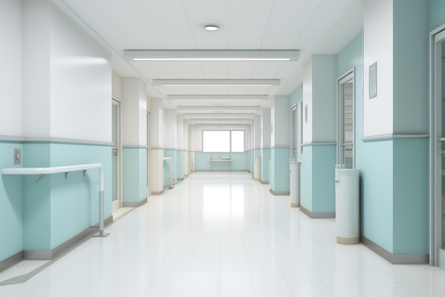 Rendre en 3D d'un couloir d'hôpital avec des murs bleus et un sol blanc