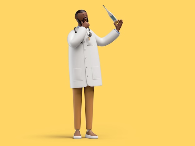 Photo rendre en 3d un personnage de dessin animé docteur debout et pensant tenant un thermomètre