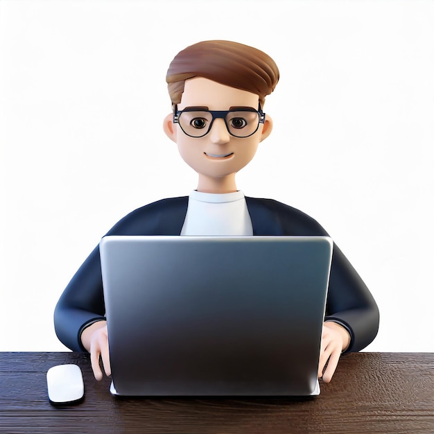 Rendre en 3D le personnage d'un homme en train de taper sur un ordinateur portable Isolé sur un fond blanc