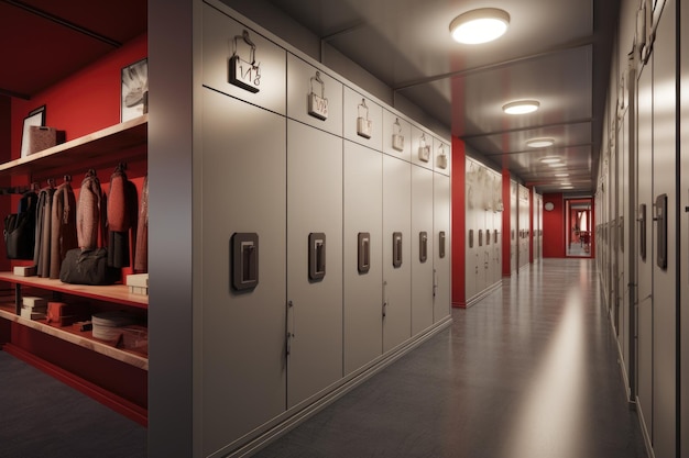 Photo rendre 3d d'un vestiaire avec un mur rouge et des casiers de porte un vestiaire ou un couloir avec des casiers ai généré