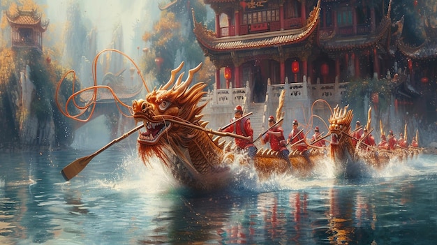 Rendre une course de bateaux dragon avec des équipes papier peint