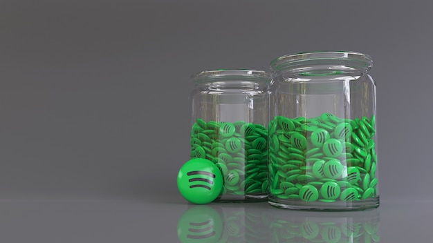 Rendu 3D de 2 bocaux en verre remplis de beaucoup de badges Spotify brillants