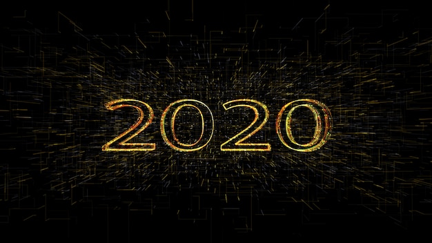 Rendu 3D 3d or jaune jaune 2020 fond de ligne lumineuse, pour joyeux Noël et bonne année.