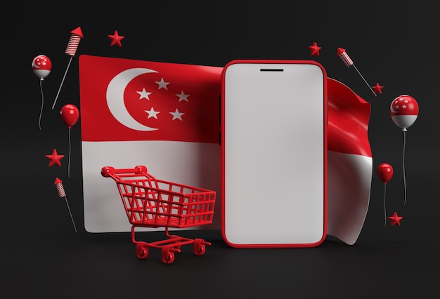 Rendu 3D 9e bannière de la fête de l'indépendance de Singapour avec panier et maquette de smartphone sur le drapeau de Singapour.