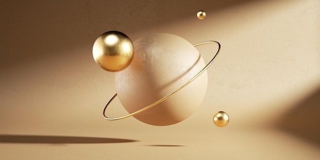 Rendu 3D abstrait beige futuriste avec des boules dorées en lévitation