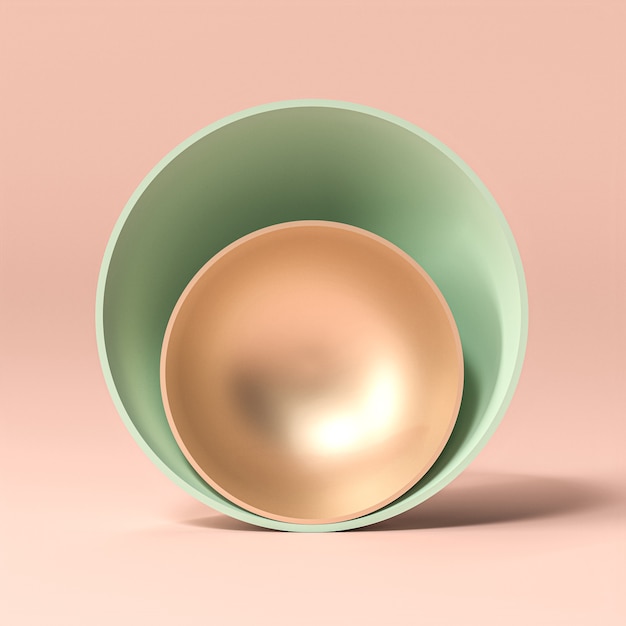 Rendu 3D abstrait de bols or et vert sur fond rose