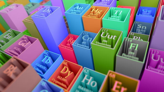 Rendu 3D abstrait chimique. Tableau périodique des éléments. Fragment de table de Mendeleev.