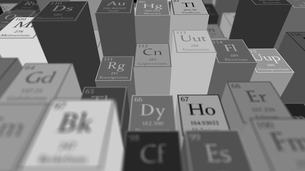 Rendu 3D abstrait chimique. Tableau périodique des éléments. Fragment de table de Mendeleev.