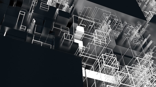 Rendu 3D abstrait complexe. Notion de technologie. Cube détaillé pour la technologie, l'intelligence artificielle ou le thème de la blockchain.