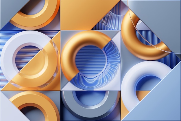 Rendu 3d abstrait conception de fond de composition géométrique bleu et gris or