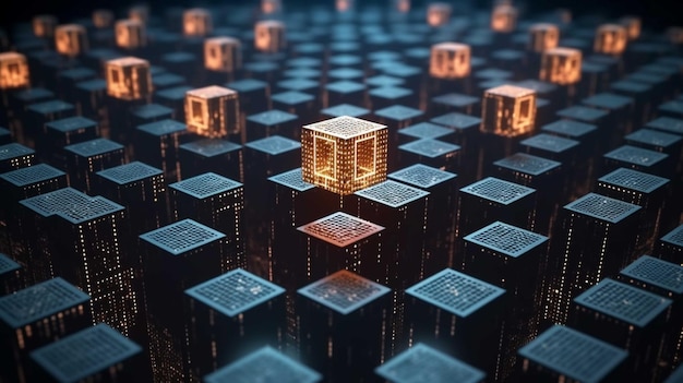 Photo rendu 3d abstrait des cubes et du concept technologique de code binaire