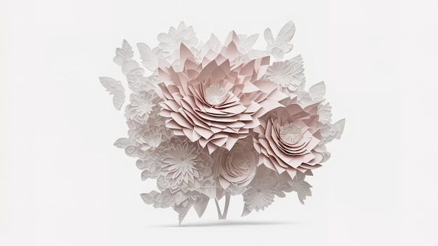 rendu 3d abstrait fleurs en papier découpé isolés sur blanc design décoratif moderne fait main