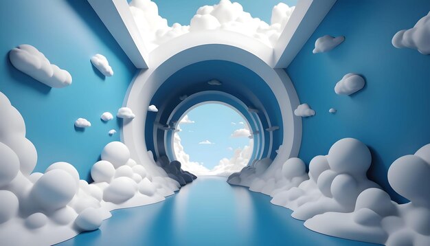 rendu 3D abstrait fond bleu minimal avec des nuages blancs volant hors du tunnel