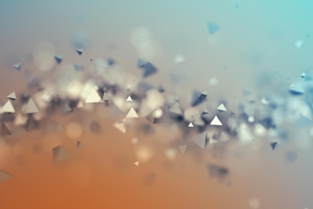 Rendu 3d abstrait de formes chaotiques low poly Pyramides polygonales volantes dans un espace vide Arrière-plan futuriste avec effet bokeh Conception d'affiche