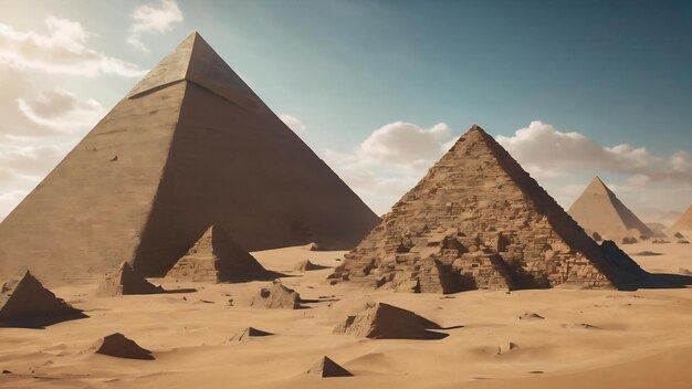 Rendu 3D abstrait de formes chaotiques de pyramides volantes dans l'espace vide fond futuriste