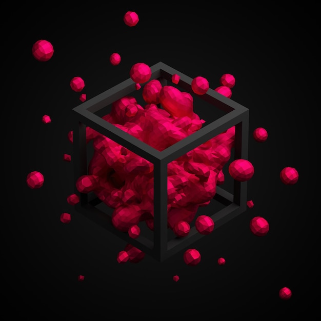 Rendu 3d abstrait de liquide chaotique low poly en cube. Arrière-plan avec éclaboussures fluides polygonales dynamiques. Élément de conception.