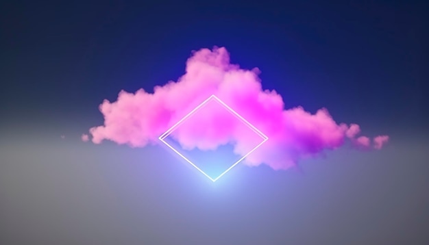 Rendu 3d abstrait minimal avec cadre carré rose bleu jaune néon avec copie espace nuages orageux illuminés forme géométrique rougeoyante générer ai
