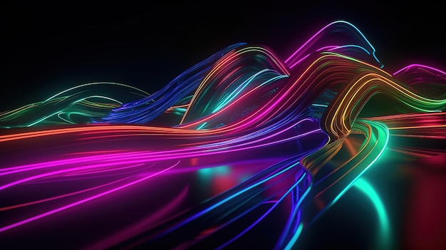 Rendu 3d abstrait néon avec des lignes lumineuses colorées Ai générative