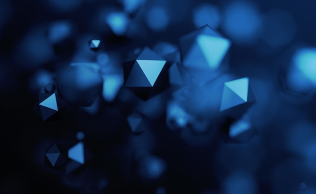 Rendu 3d abstrait de particules chaotiques low poly. Voler des sphères polygonales dans un espace vide. Arrière-plan futuriste avec effet bokeh. Conception d'affiches.